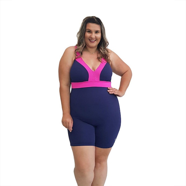Macaquinho Natação Plus Size com Sustentação Light Azul Marinho com Detalhe Pink