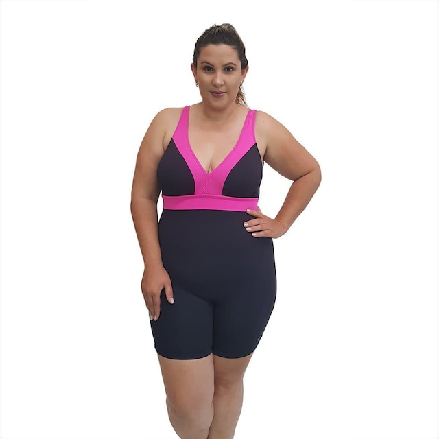 Macaquinho Natação Plus Size com Sustentação Light Preto com Detalhe em Pink no Busto
