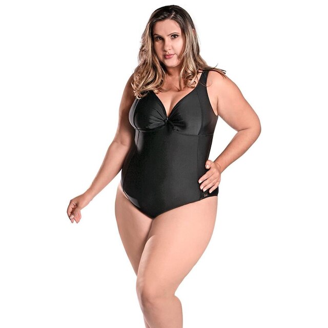 Maiô Body Plus Size com Alças Largas e Detalhe de Amarrar no Busto Preto