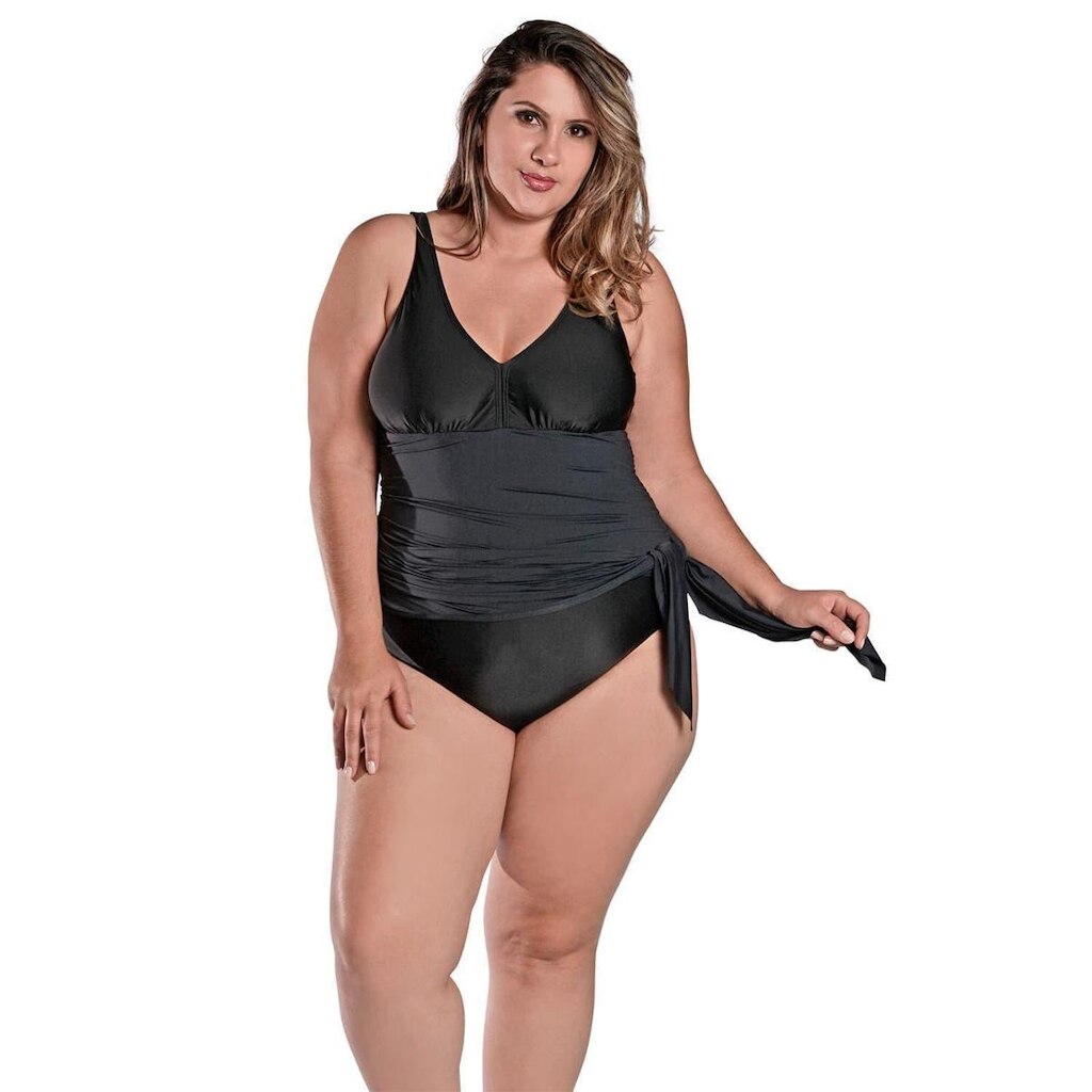 Maiô Body Plus Size com Saída de Praia Embutida Preto