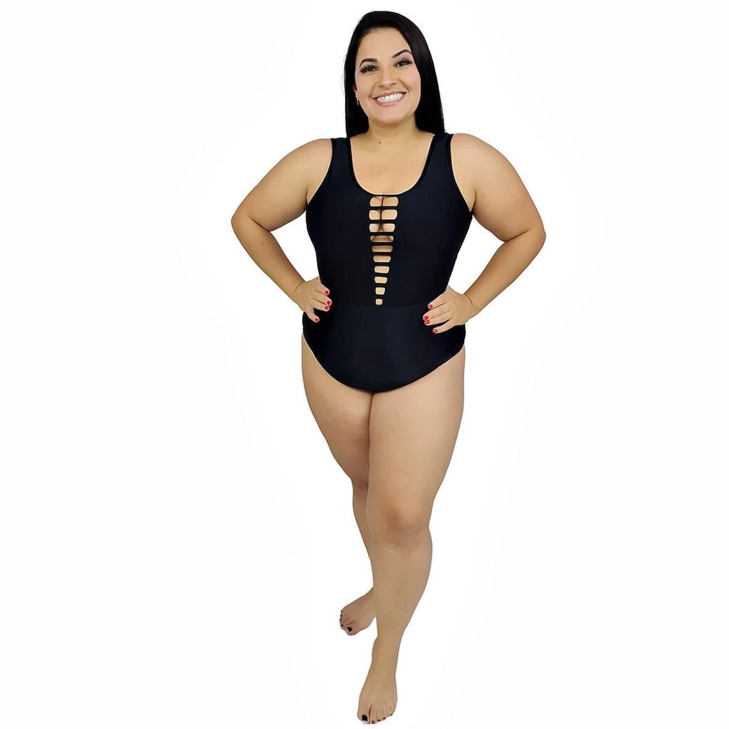 Maiô Body Plus Size Detalhe em Tiras Preto