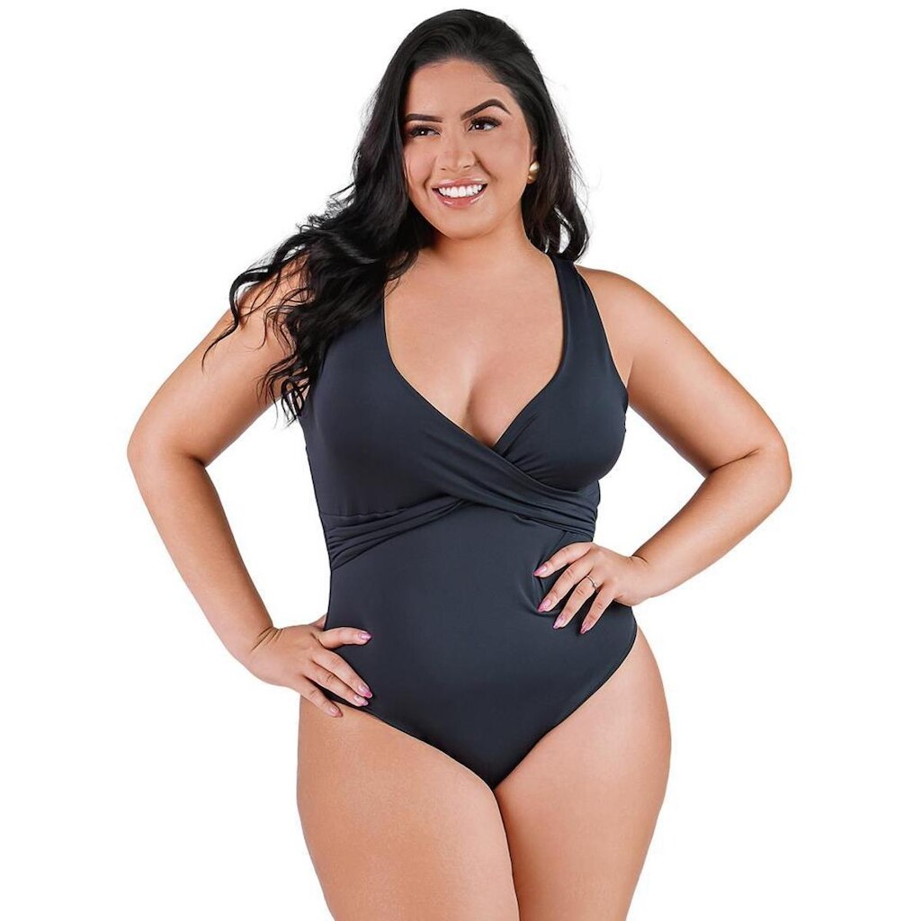 Maiô Body Plus Size Preto Decote Transpassado Bojo Removível