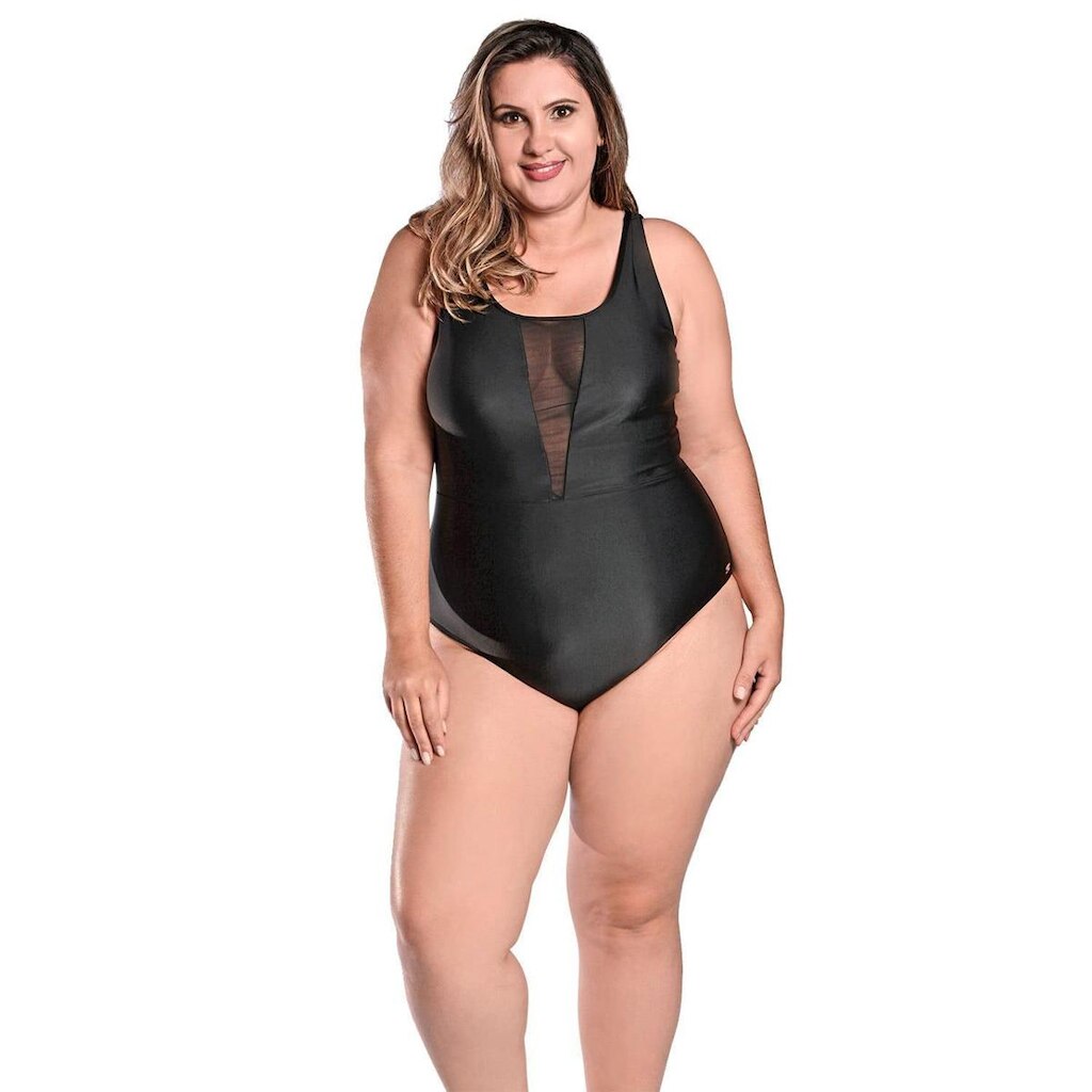 Maiô Body Plus Size Tradicional com Detalhe em Tule no Decote Preto