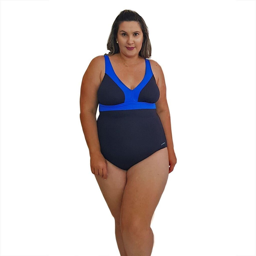 Maiô Natação Plus Size Light UV 50+ Preto com Detalhe em Azul Bic