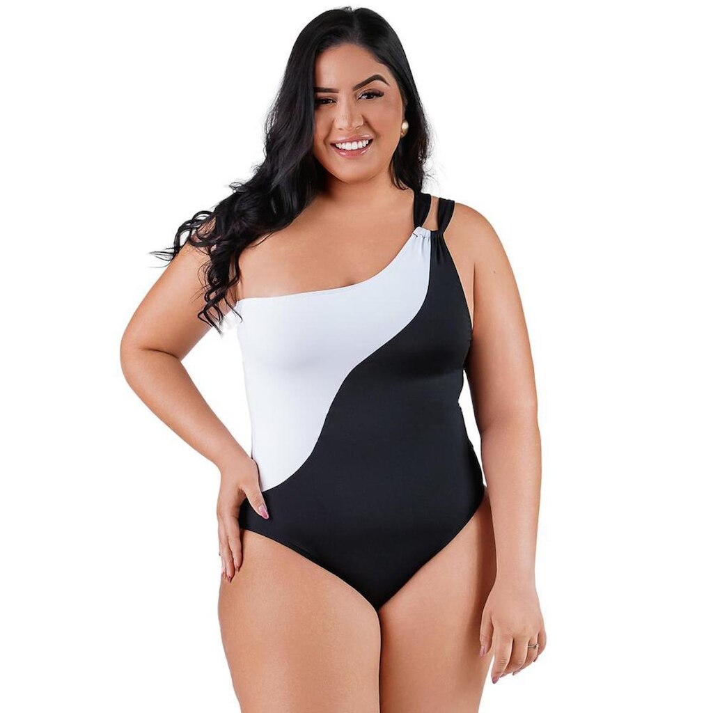 Maiô Plus Size Preto e Branco De Um Ombro Só