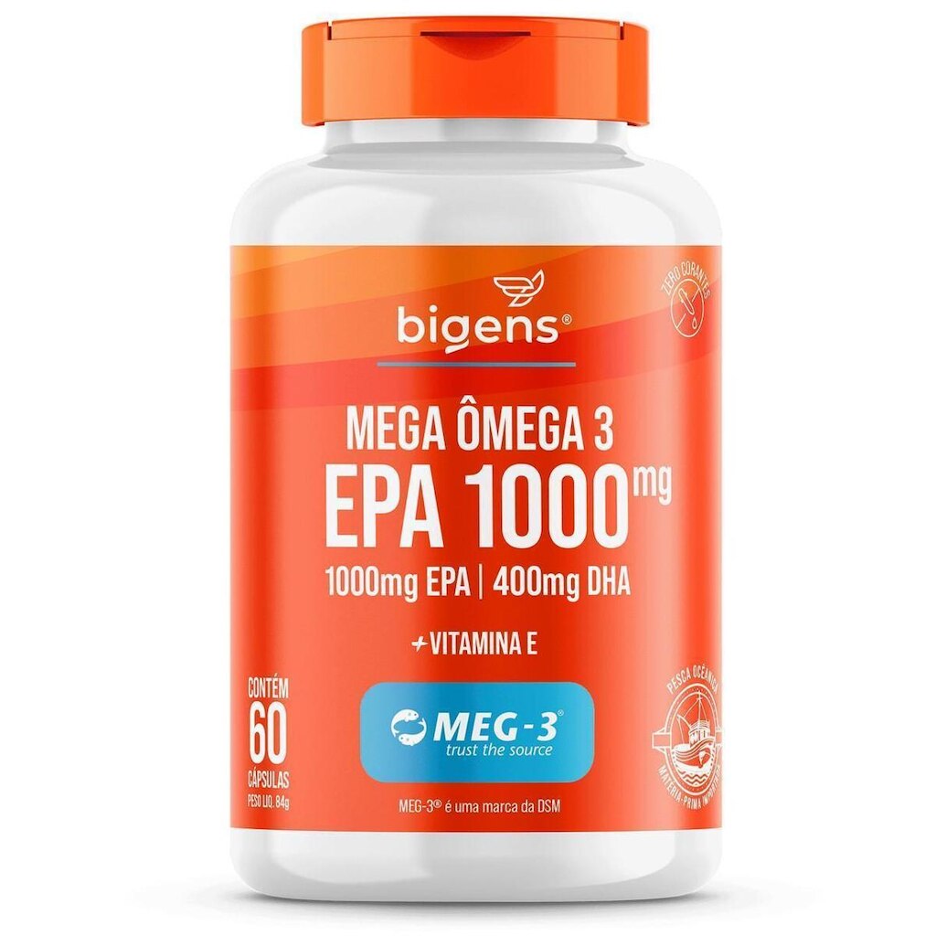 Mega Ômega 3 EPA 1000mg DHA 400mg + Vitamina E MEG-3® 60 Caps - Bigens