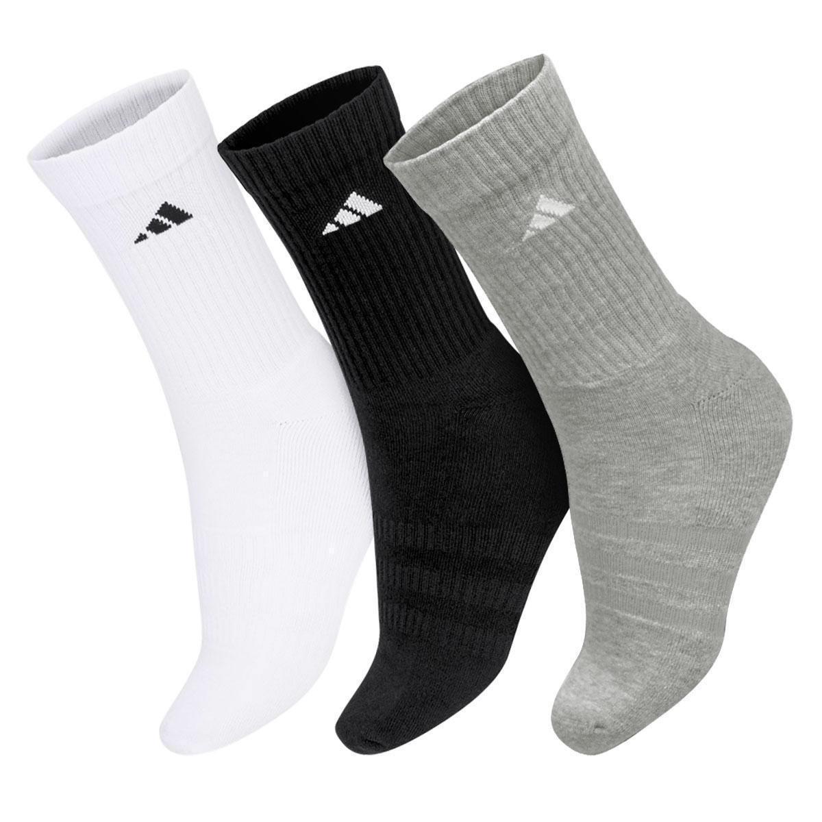 Meia Adidas Cano Alto Cushioned Crew - Pack com 3 Pares - Cinza Branco ...