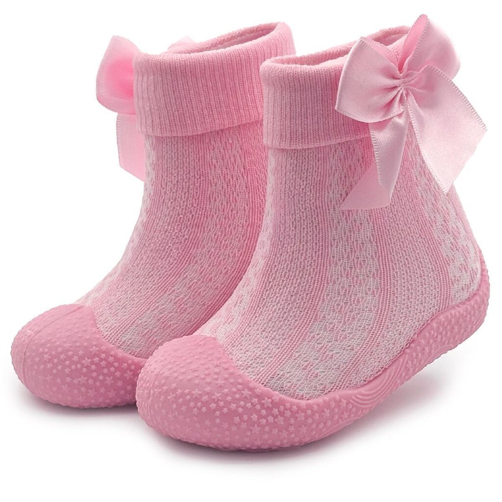Meia Com Sola Antiderrapante Infantil Bebê Menina Laço Rosa Mz Shoes