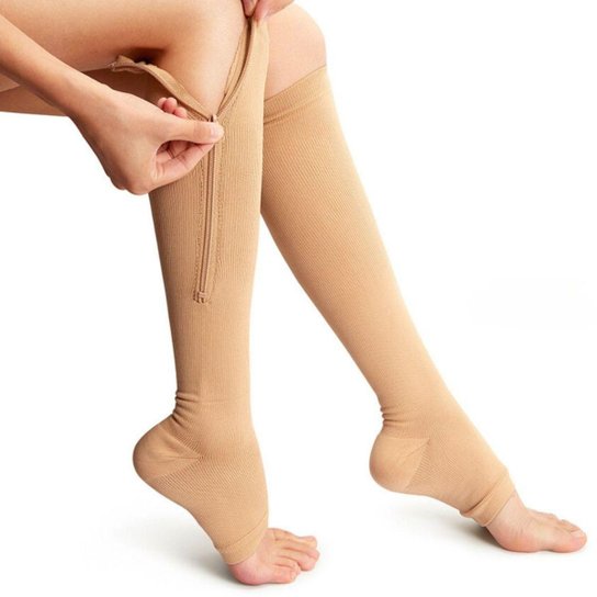 Meia compressão tratamento varizes tromboze com ziper alivio de dores - Bege Menor preço em Meia compressão tratamento varizes tromboze com ziper alivio de dores - Bege