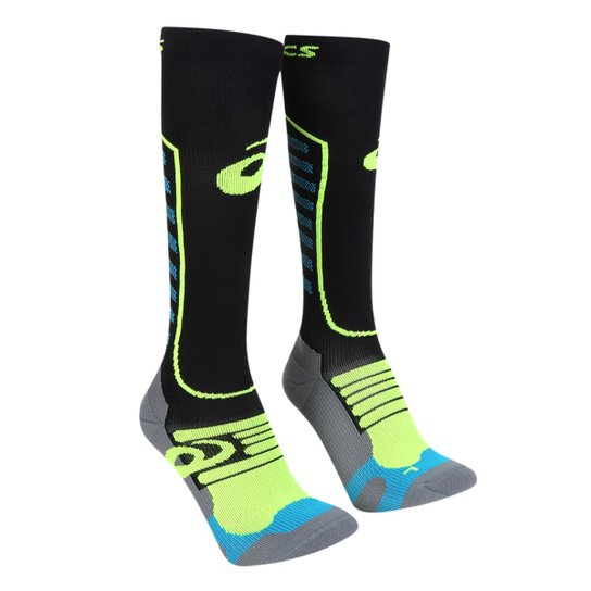 Meia De Compressão Asics Cano Longo Feminina - Preto+Azul Menor preço em Meia De Compressão Asics Cano Longo Feminina - Preto+Azul