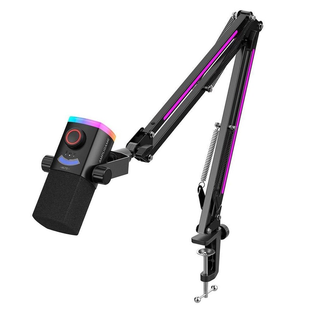 Microfone Dinâmico Gamer Fifine AmpliGame AM8PROT, XLR/USB-C, RGB, Touch Mute, com Braço Articulado