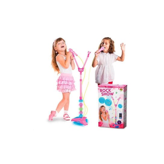 Microfone Infantil Duplo Rock Show Musical Com Mp3 Luz Amplificador - Dm Toys - Rosa - Rosa