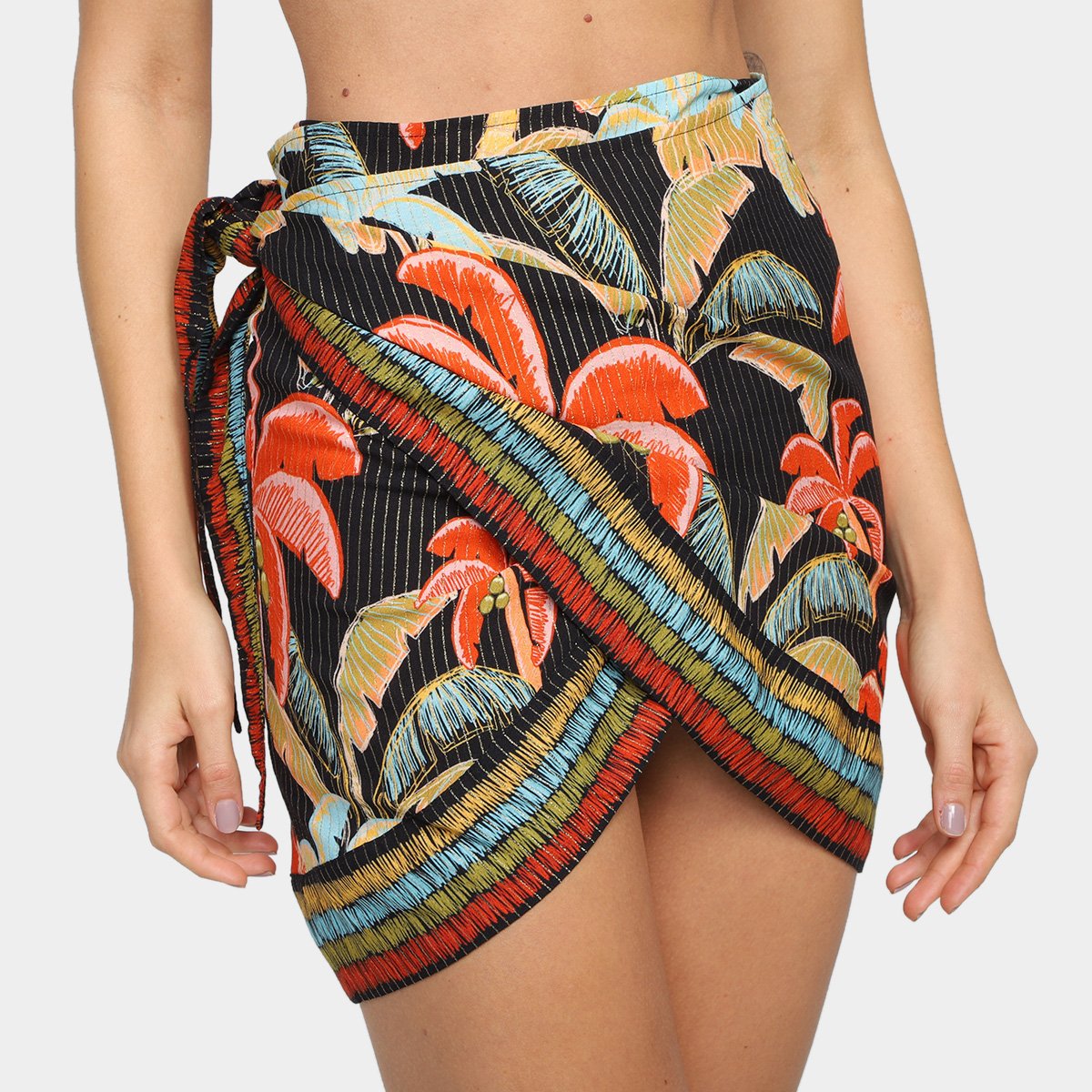 Mini Saia Farm Pareô Praia Noite De Coqueiro Preto Netshoes