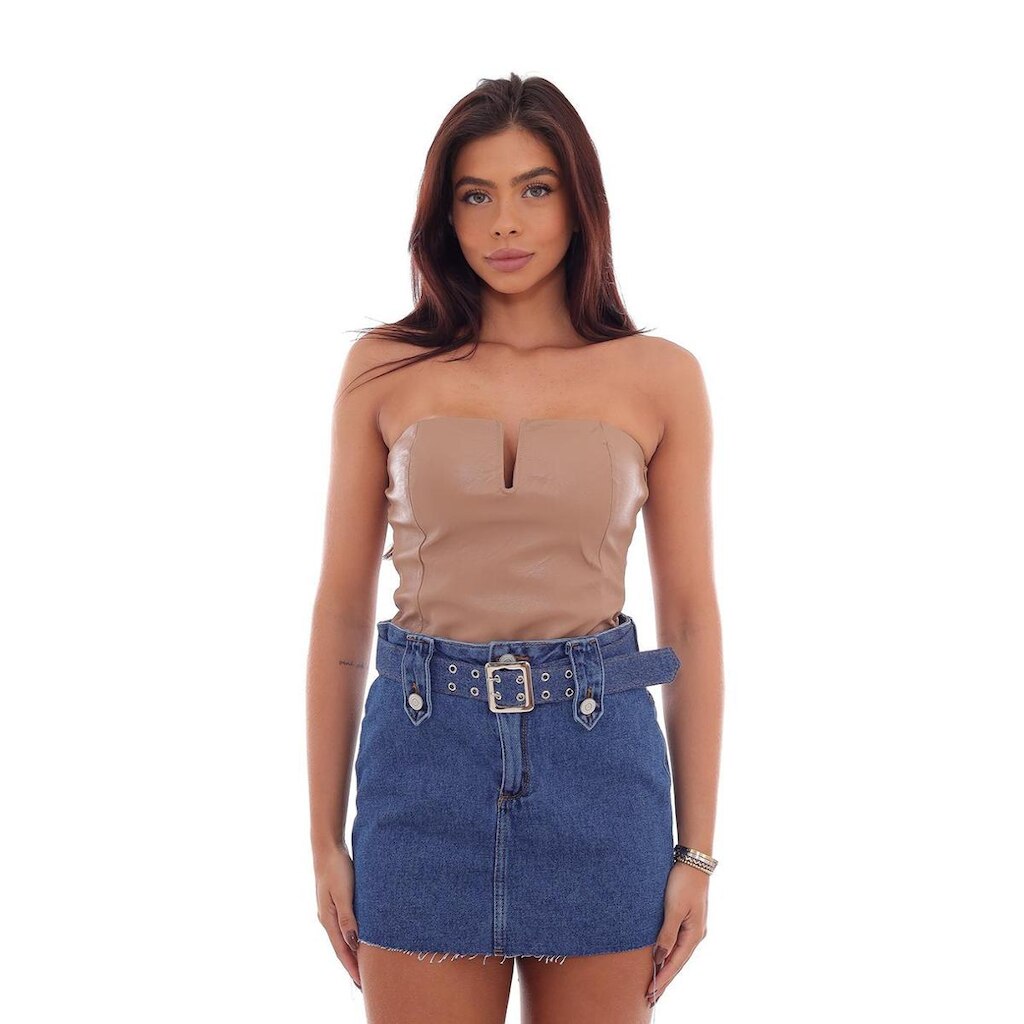 MINI SAIA JEANS COM PASSANTES LARGOS CASEADO E CINTO REVESTIDO