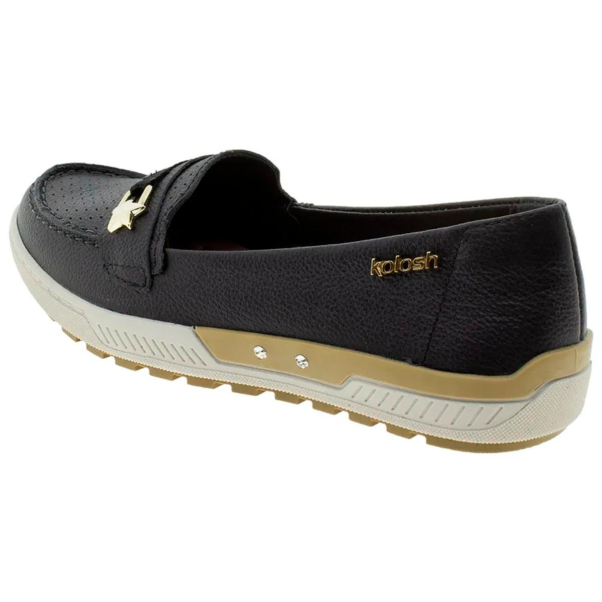 Mocassim Couro Kolosh Estrela e Strass Feminino - Preto | Netshoes