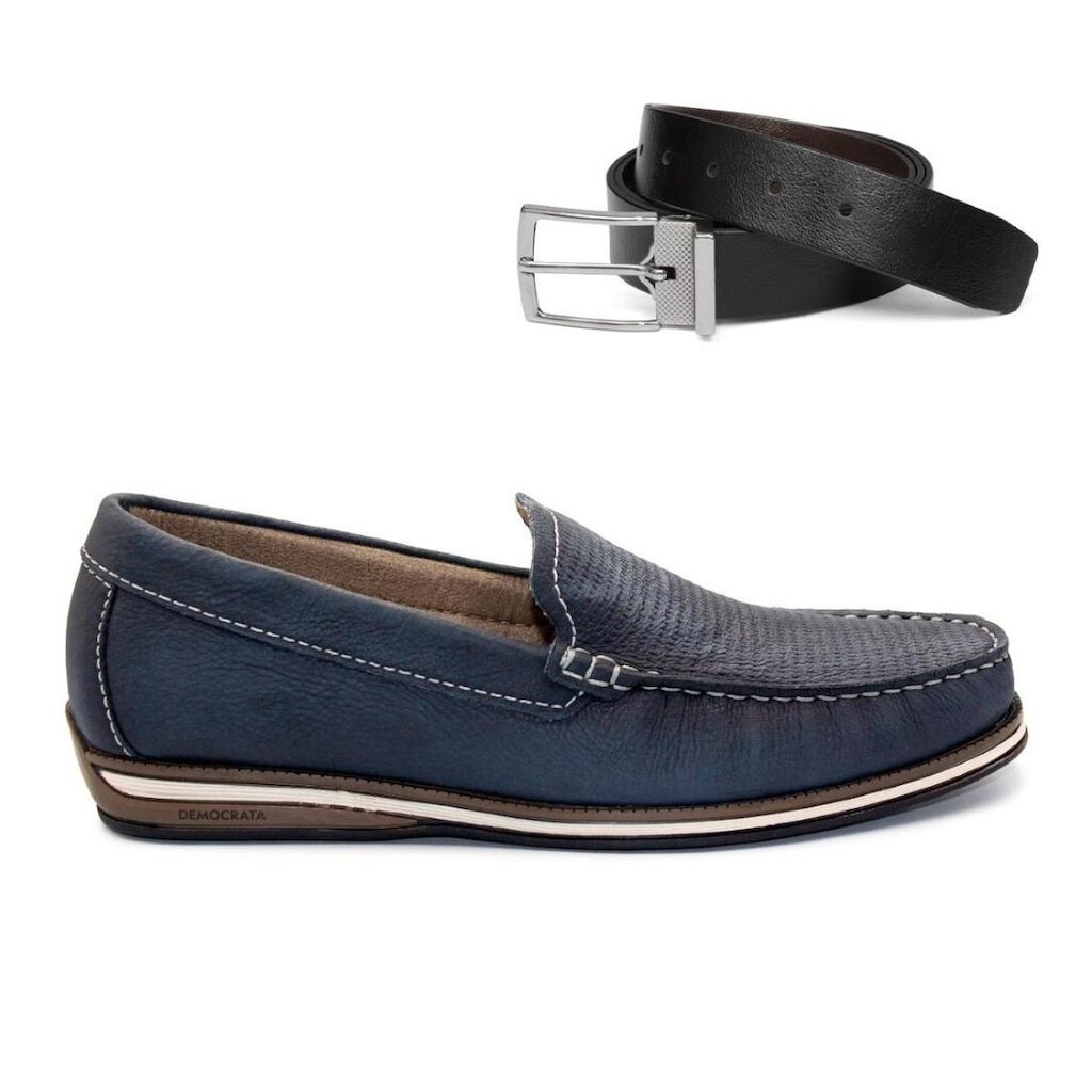 Mocassim De Couro Democrata Easy Ted 135201+Cinto Masculino Dupla Face