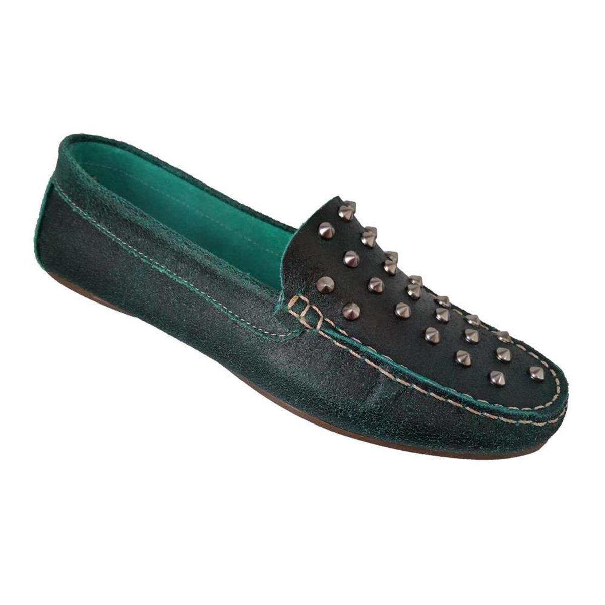 Mocassim Feminino em Couro Verde e Spike - Verde | Netshoes