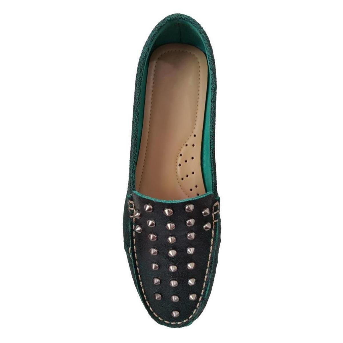Mocassim Feminino em Couro Verde e Spike - Verde | Netshoes