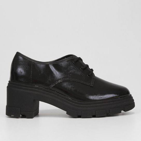 Mocassim Moleca Tratorado Salto Bloco Verniz Feminino - Preto Menor preço em Mocassim Moleca Tratorado Salto Bloco Verniz Feminino - Preto