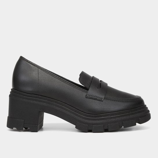 Mocassim Moleca Tratorado Salto Médio Feminino - Preto Menor preço em Mocassim Moleca Tratorado Salto Médio Feminino - Preto