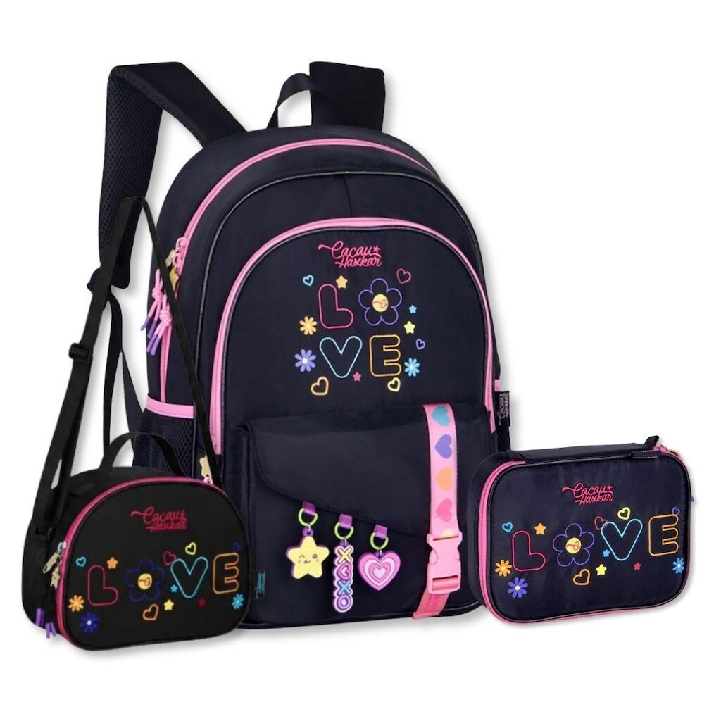 Mochila Cacau Haxkar com Lancheira e Estojo Kit Escolar Feminino