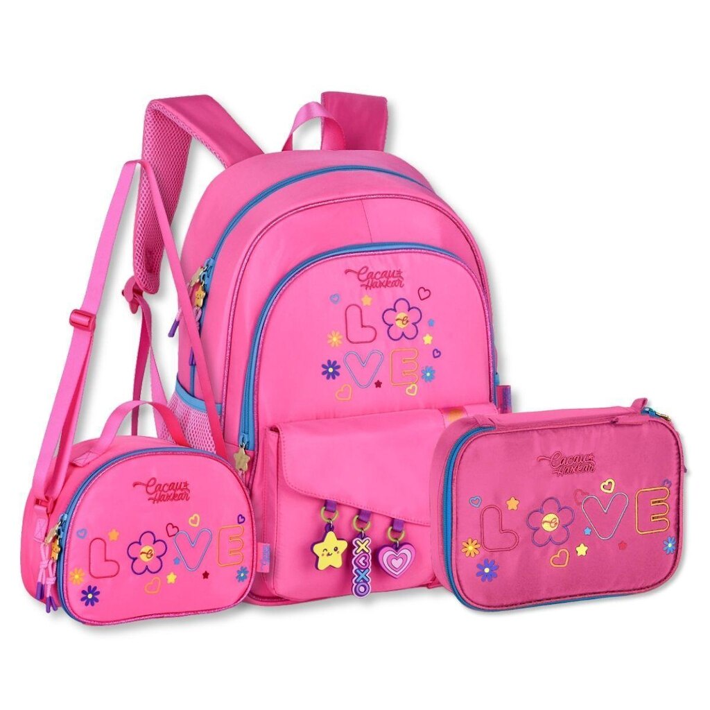 Mochila Cacau Haxkar com Lancheira e Estojo Kit Escolar Feminino