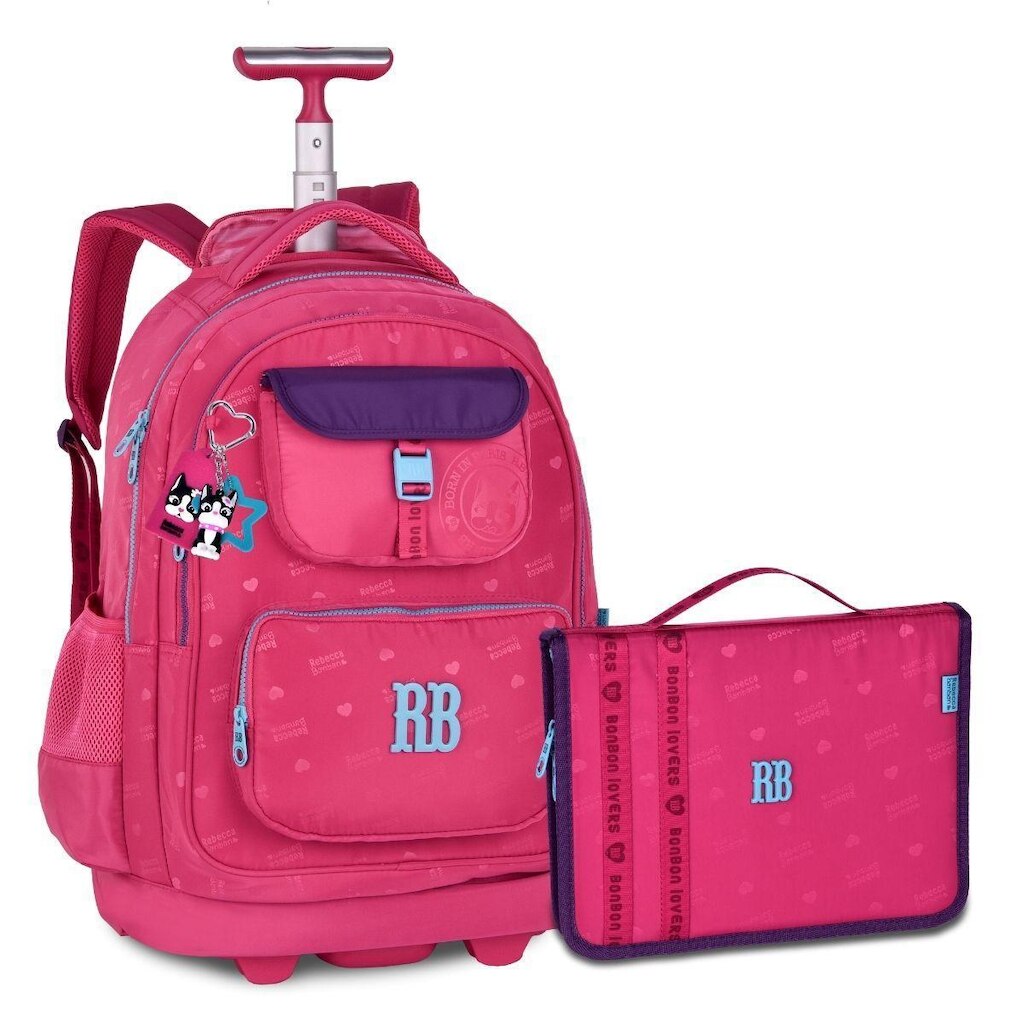 Mochila Carrinho Com Estojo Fichario Grande Kit Escolar Premium