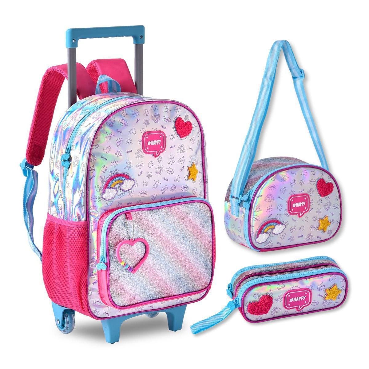 Mochila Carrinho Holográfica com Lancheira e Estojo Kit Meninas Menor preço em Mochila Carrinho Holográfica com Lancheira e Estojo Kit Meninas