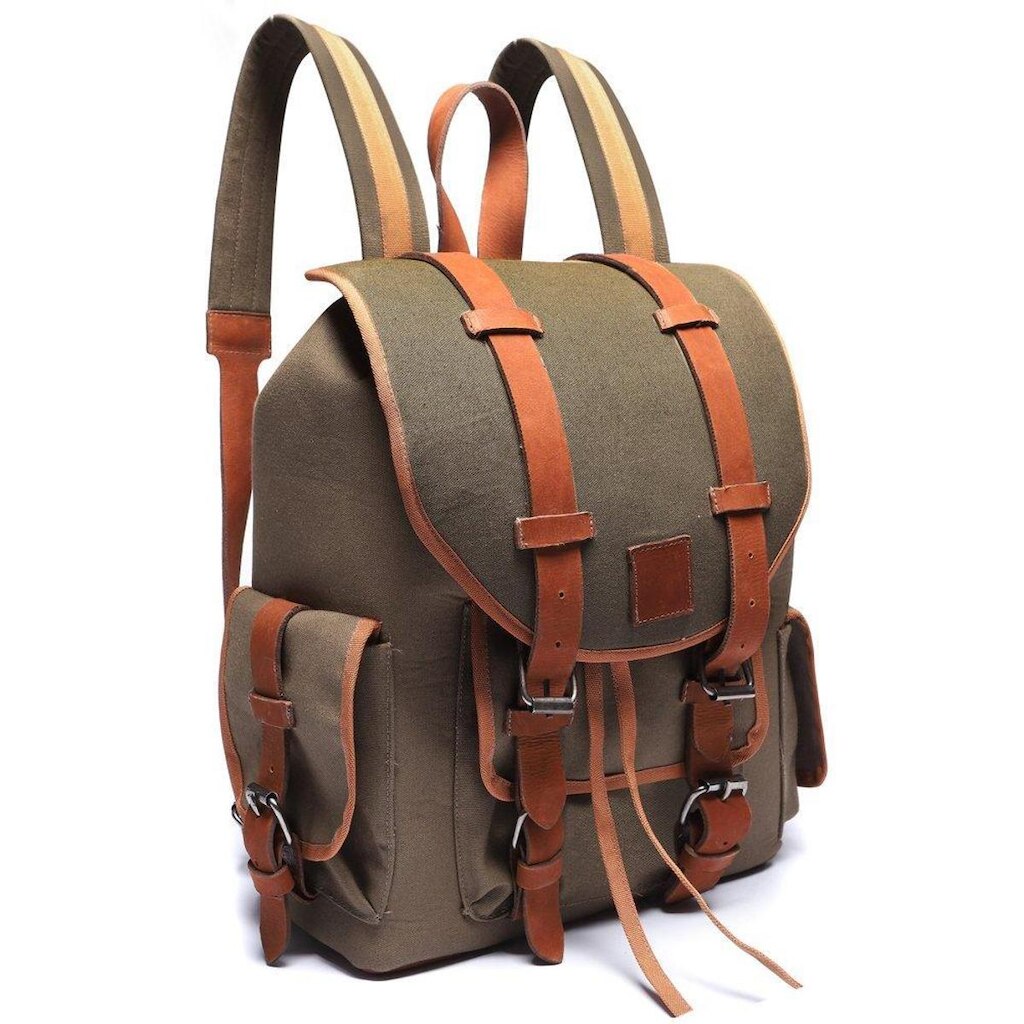 Mochila Casual Mala Viagem Resistente A Agua E Divisoria Notebook Em Lona E Couro - Verde