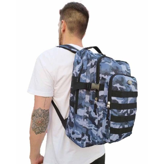 MOCHILA CASUAL MASCULINA CAMUFLADA GRANDE E RESISTENTE - Azul Menor preço em MOCHILA CASUAL MASCULINA CAMUFLADA GRANDE E RESISTENTE - Azul