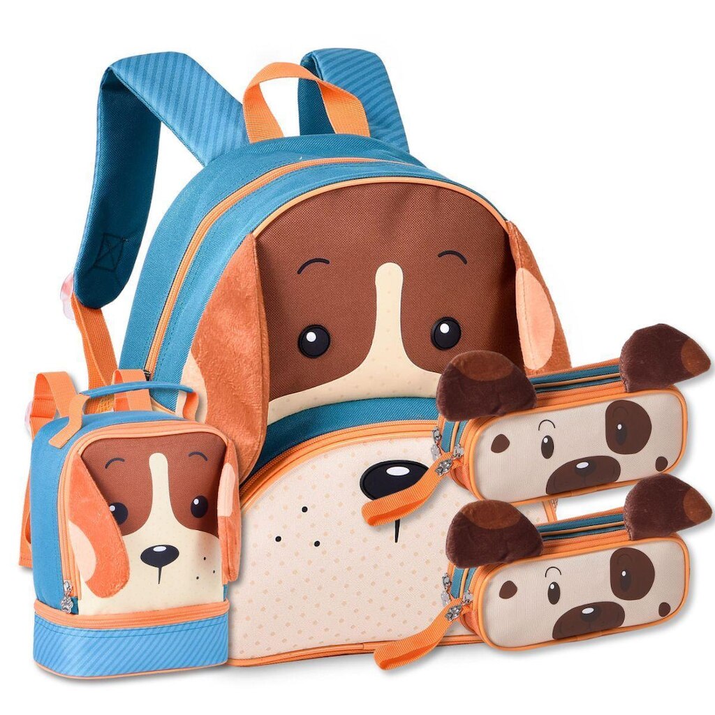 Mochila com Lancheira e 2 Estojos Escolares Cachorrinho Masc