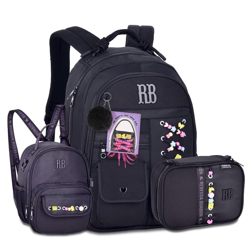 Mochila com Lancheira e Estojo Cadarços Rebecca Bonbon