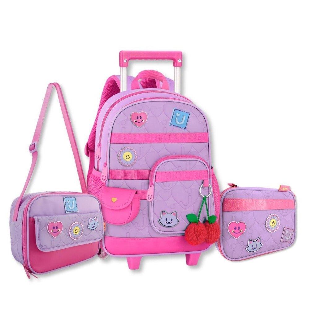 Mochila com Lancheira e Estojo Juju Teofilo Kit Escolar Meninas