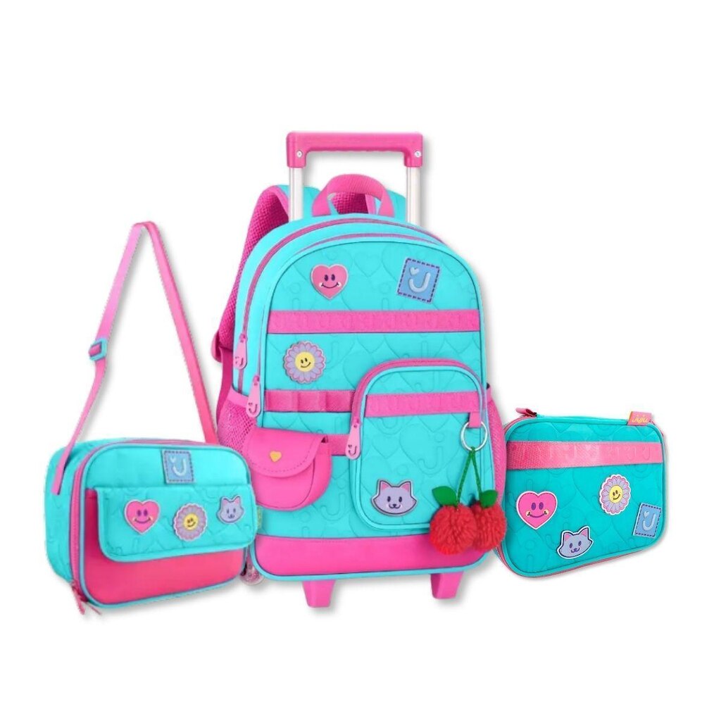 Mochila com Lancheira e Estojo Juju Teofilo Kit Escolar Meninas