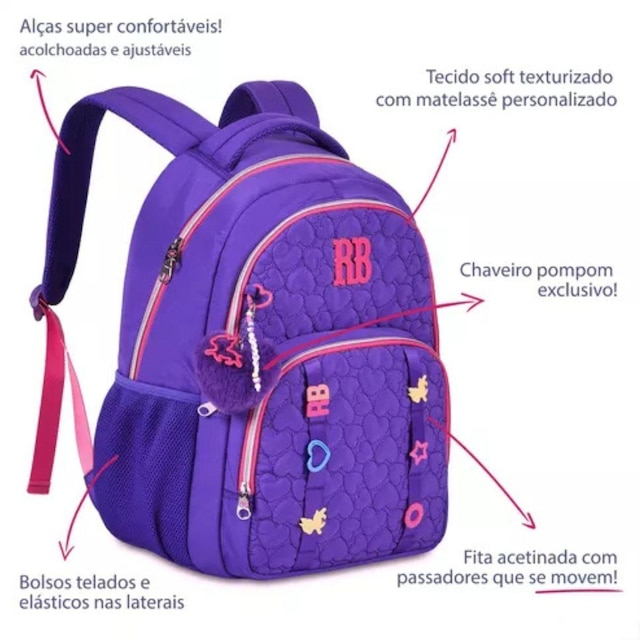 Mochila Costas Escolar Menina Rebecca Bonbon Juvenil Roxo Clio Style