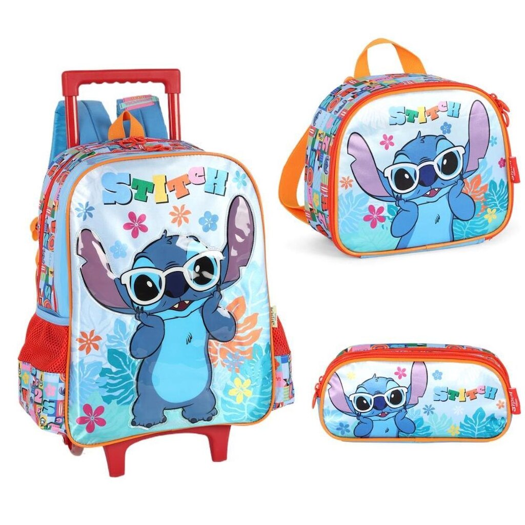 Mochila de carrinho com rodinhas de costas Infantil Escolar Stitch Luxcel