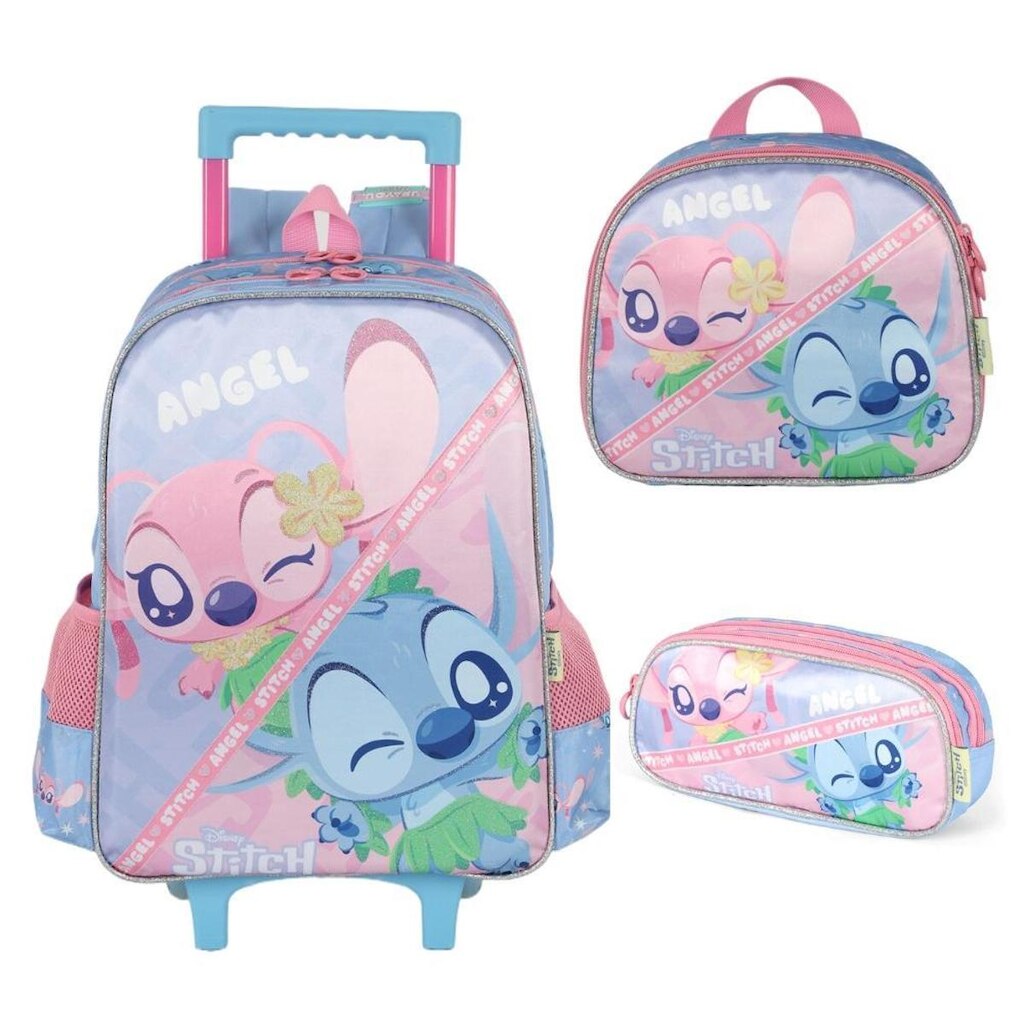Mochila de carrinho com rodinhas + Estojo+ Lancheira Infantil Escolar Stitch Luxcel