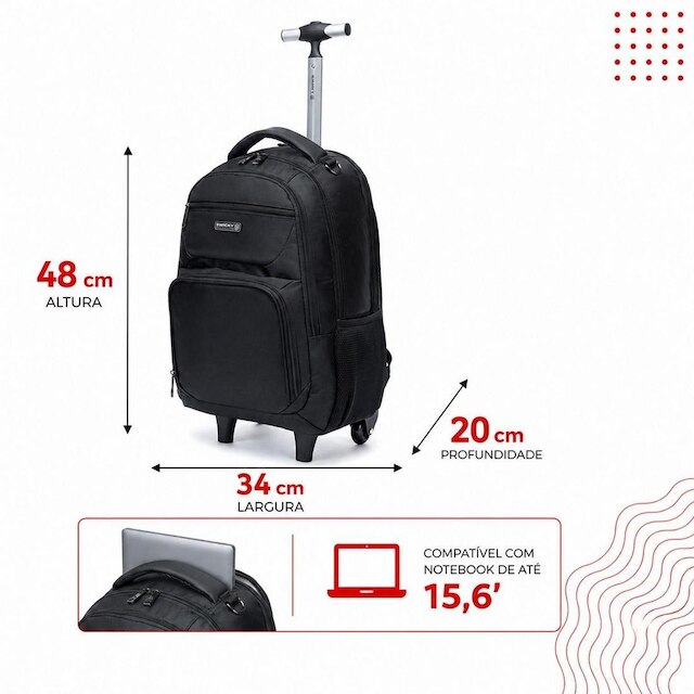 Mochila De Rodinhas Executiva Swicky Viagem Reforçada Grande 32 Litros
