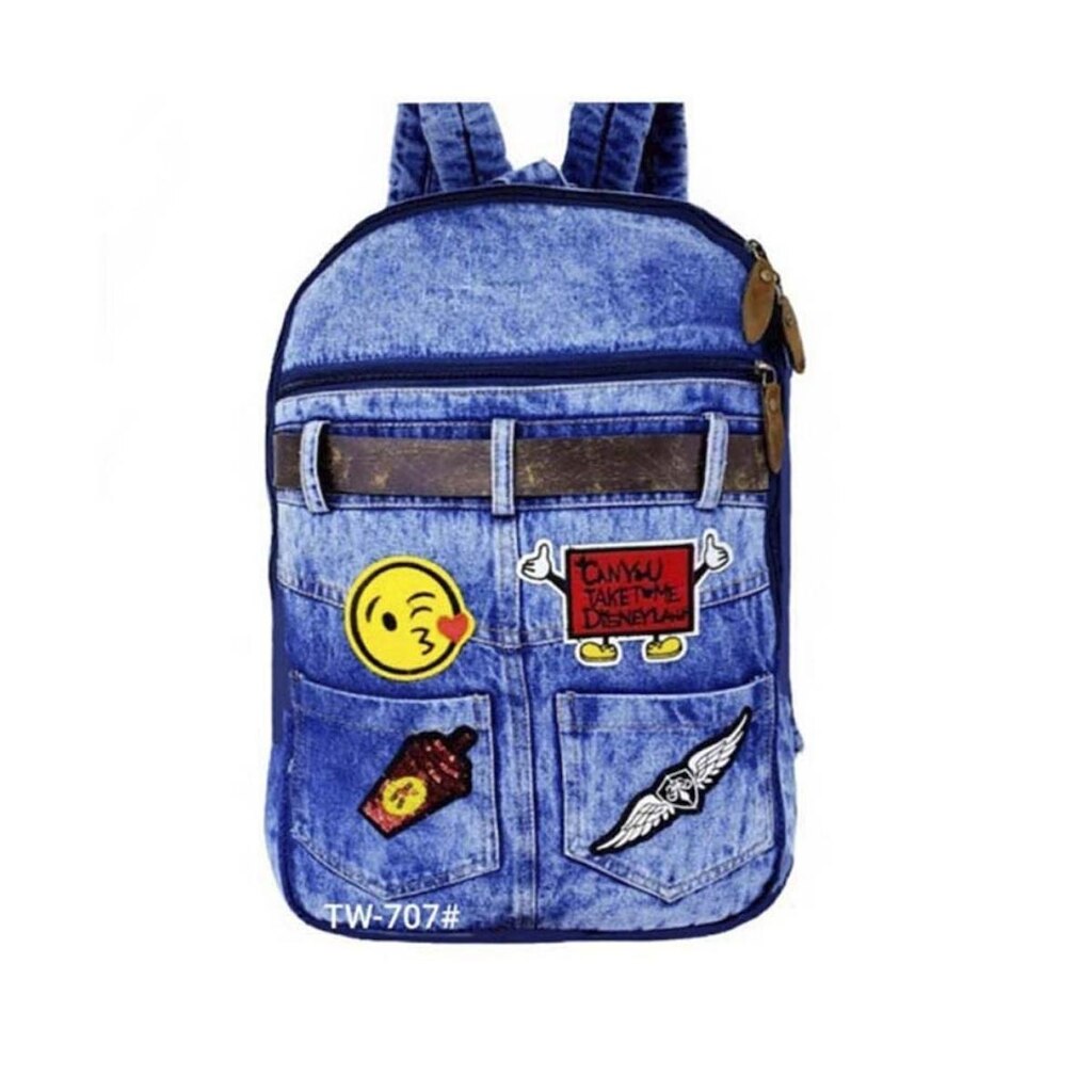 Mochila Emoji Jeans Escolar Com forro Com Alças Ajustaveis