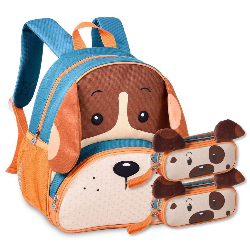 Mochila Escolar Cachorrinho com 2 Estojos Duplos Infantil