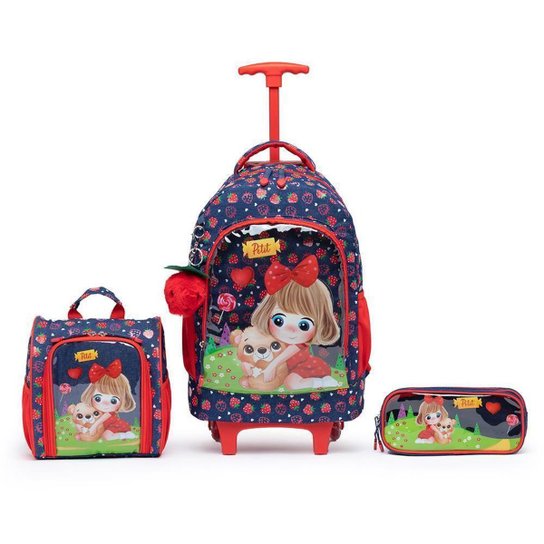 Mochila Escolar De Rodinha Menina Infantil Estojo Lancheira - Azul+Vermelho é ruim? Mochila Escolar De Rodinha Menina Infantil Estojo Lancheira - Azul+Vermelho é boa?