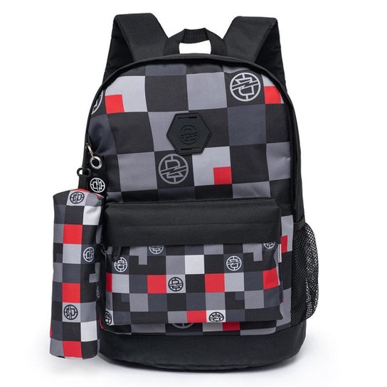 Mochila Escolar Juvenil + Estojo Reforçada Estampada Espaçosa - Preto+Vermelho Menor preço em Mochila Escolar Juvenil + Estojo Reforçada Estampada Espaçosa - Preto+Vermelho