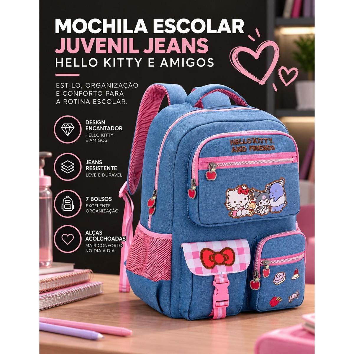 MOCHILA ESCOLAR JUVENIL JEANS HELLO KITTY E AMIGOS – 20 LITROS - Azul ...