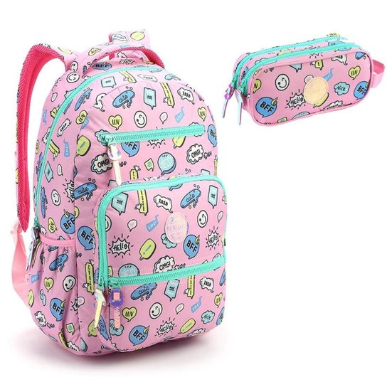 Mochila Escolar Seanite MJ15399 Com Estojo Duplo - Rosa Menor preço em Mochila Escolar Seanite MJ15399 Com Estojo Duplo - Rosa