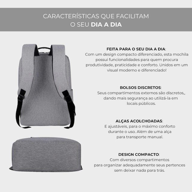 Mochila Executiva Notebook Slim Faculdade Trabalho Viagem Passeio Reforçada com Porta USB 15,6''