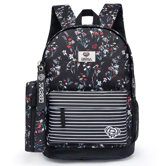 Mochila Feminina + Estojo Escolar Estampada Reforçada Espaçosa - Preto Menor preço em Mochila Feminina + Estojo Escolar Estampada Reforçada Espaçosa - Preto