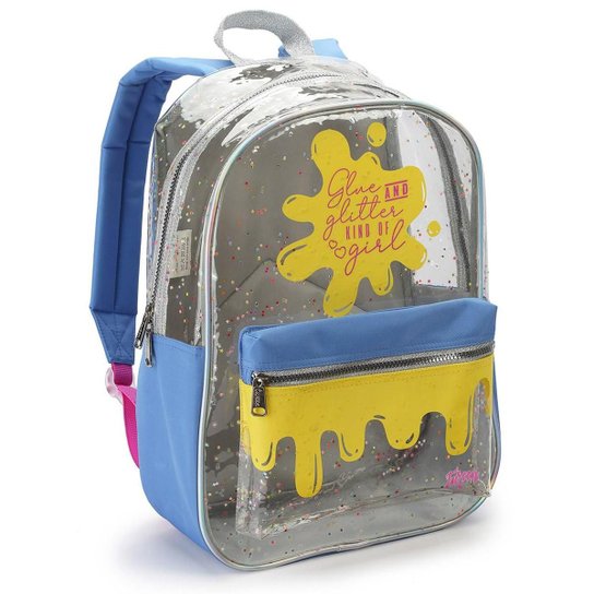Mochila Feminina Transparente Com Glitter Urbano Fashion - Azul Menor preço em Mochila Feminina Transparente Com Glitter Urbano Fashion - Azul