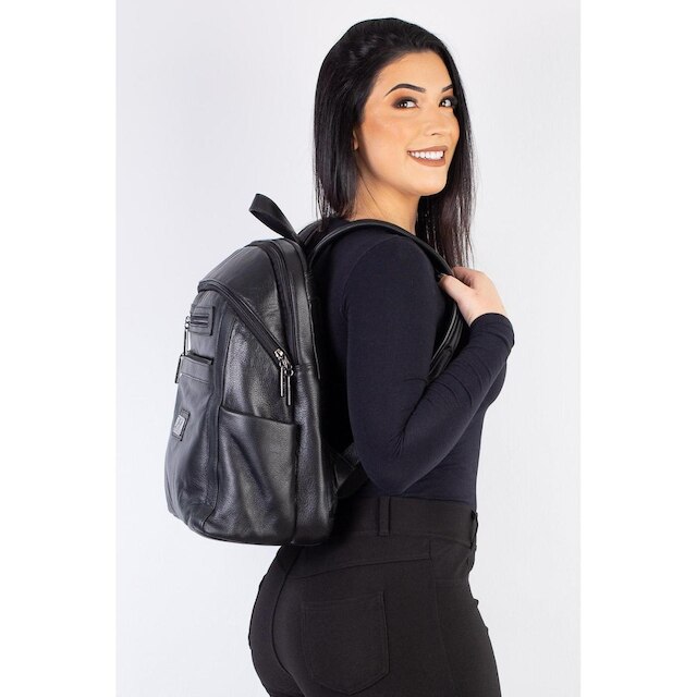 Mochila grande de couro liso grafite Marcela - Preto