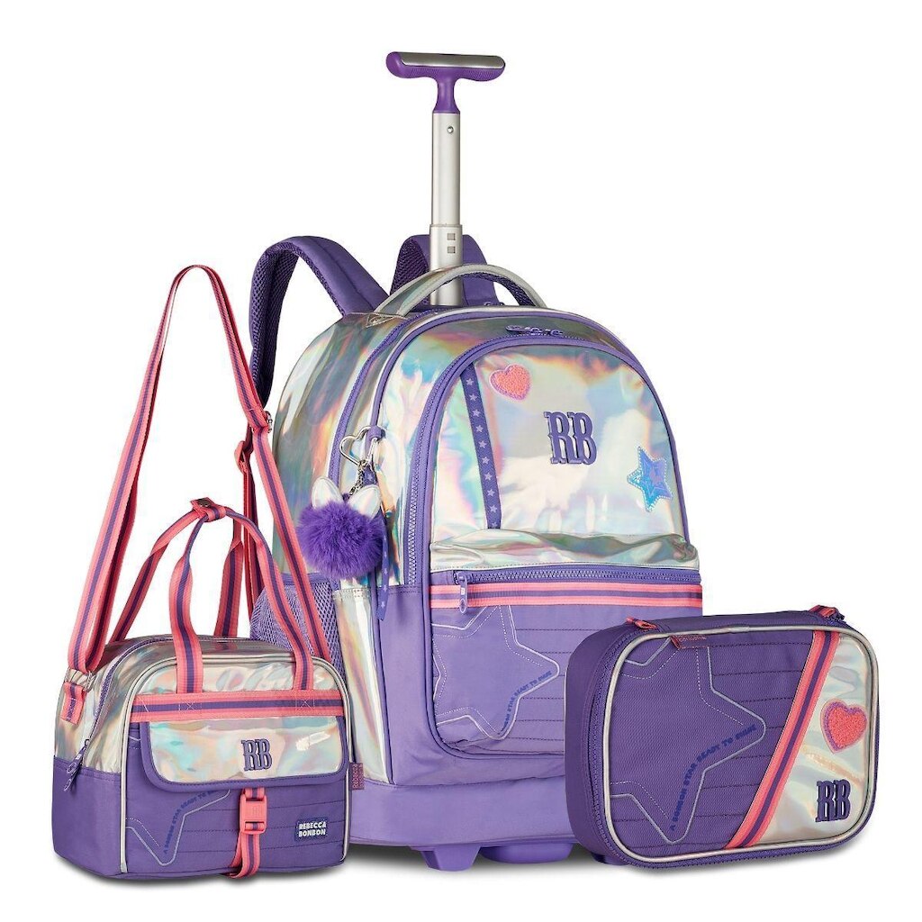 Mochila Holográfica com Lancheira e Estojo Kit Rebecca Bonbon