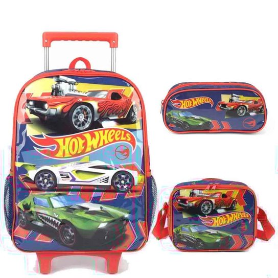 Mochila Infantil com Rodinhas Hot Wheels com Lancheira e Estojo Azul - Azul Menor preço em Mochila Infantil com Rodinhas Hot Wheels com Lancheira e Estojo Azul - Azul